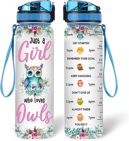 Owl Water Bottle Tracker 32oz Personalized – Colorful Floral Owl Hydration Bottle with Time Marker – Creative Gift for Owl Lovers