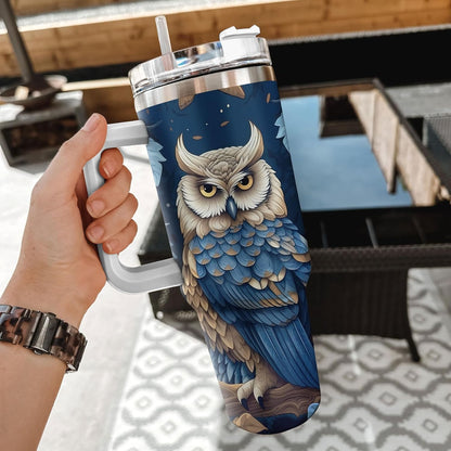 Elegant Owl Tumbler 40oz with Handle & Straw – Personalized Stainless Steel Insulated Travel Cup with Lid – Stylish Gift for Owl Lovers
