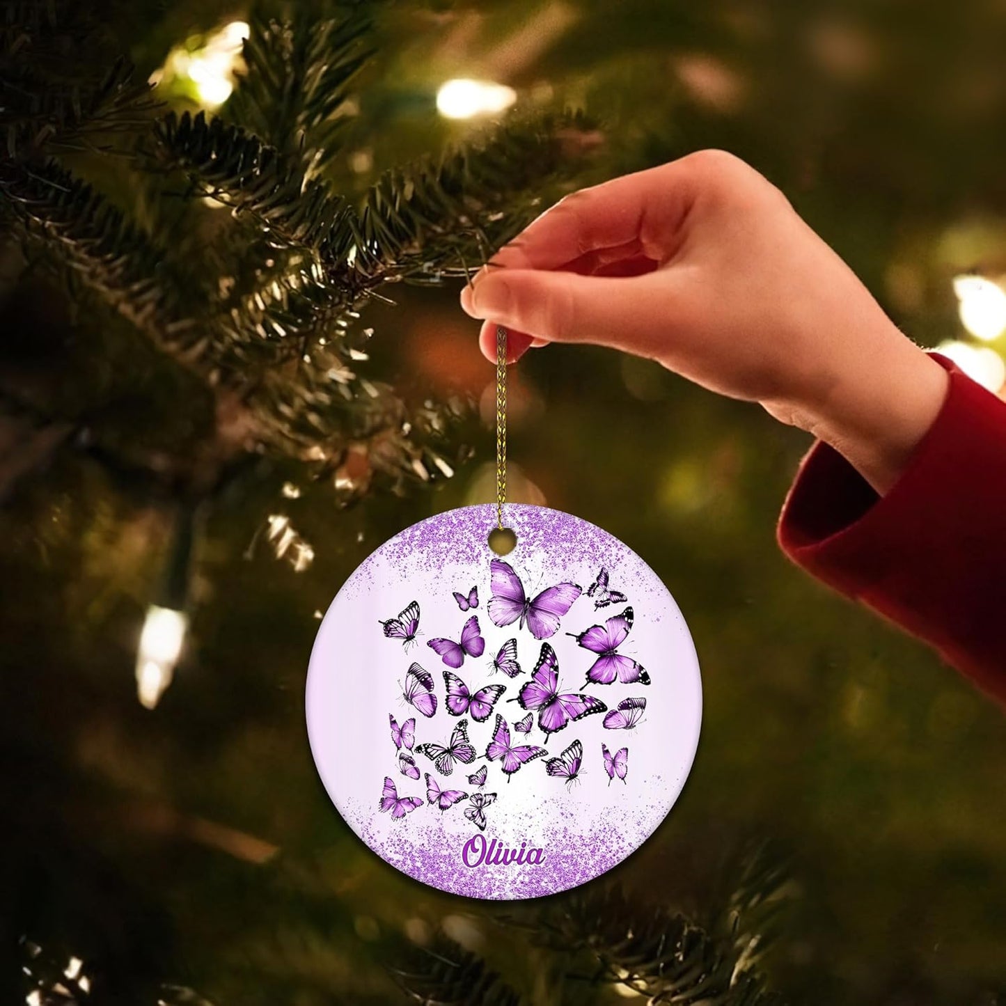Purple Butterflies Swirl Ceramic Ornament – Personalized Custom Name Two-Sided Circle Keepsake, Christmas Gift for Butterfly Lover Women