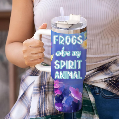 Colorful Frog Tumbler 40oz with Handle & Straw – Personalized Stainless Steel Cup with Lid – Cute Animal Lover Gift for Women & Kids