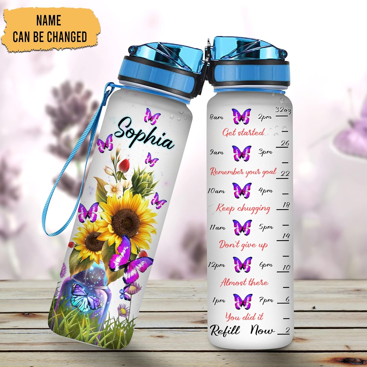 Neon Butterfly Pattern - Personalized Water Tracker Bottle 32oz