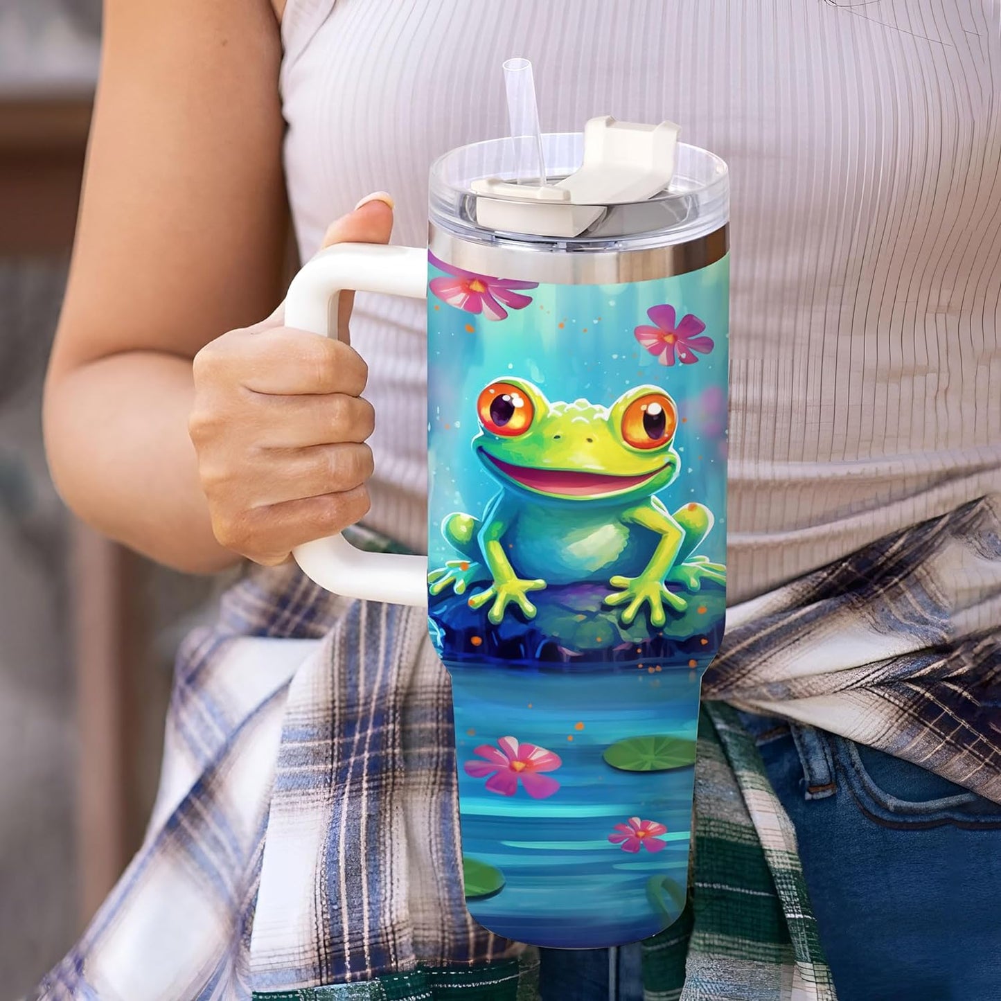 Frog Lover Tumbler 40oz with Handle & Straw – Personalized Stainless Steel Insulated Travel Cup with Lid – Cute Gift for Animal Lovers & Kids