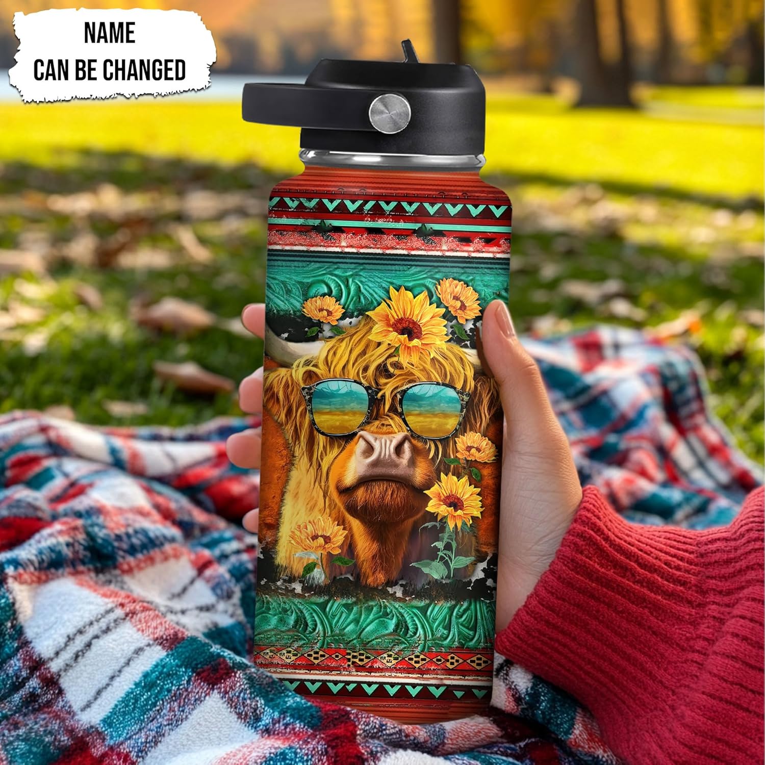 Southwestern Highland Cow Water Bottle with Sunglasses & Sunflowers – Personalized Insulated Stainless Steel Bottle