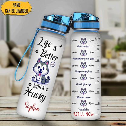 Husky Dog Water Bottle Tracker 32oz – Personalized Motivational Water Hydration Bottle with Time Marker – Gift for Pet Lovers