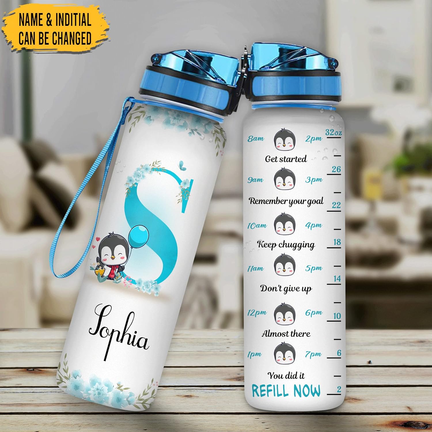 Penguin Bottle - Personalized Water Tracker Bottle 32oz