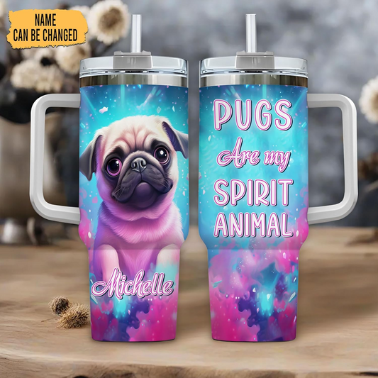 Pug Spirit Animal Tumbler 40oz – Personalized Stainless Steel Cup with Handle & Straw – Fun Gift for Dog Moms & Pet Lovers