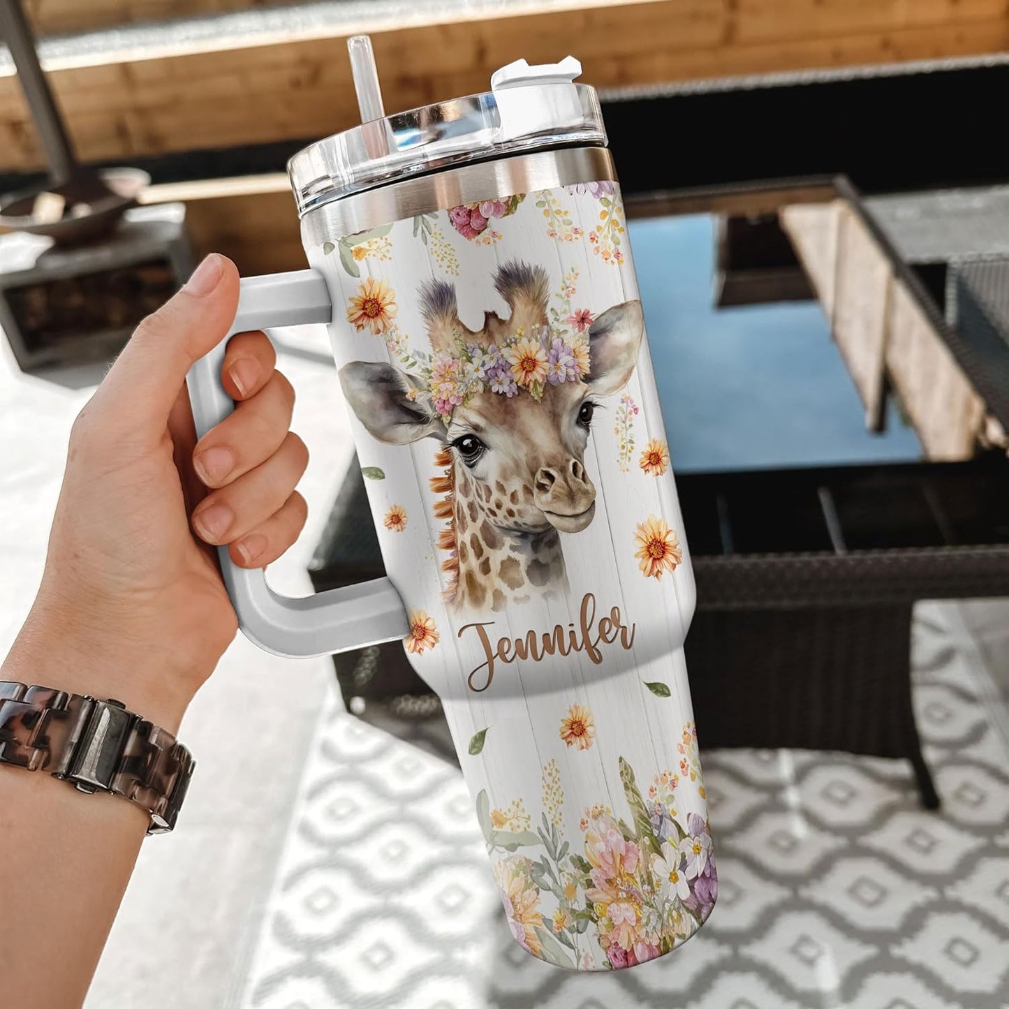 Floral Giraffe 40oz Tumbler with Handle & Straw – Personalized Stainless Steel Insulated Travel Cup with Lid – Unique Gift for Animal Lovers