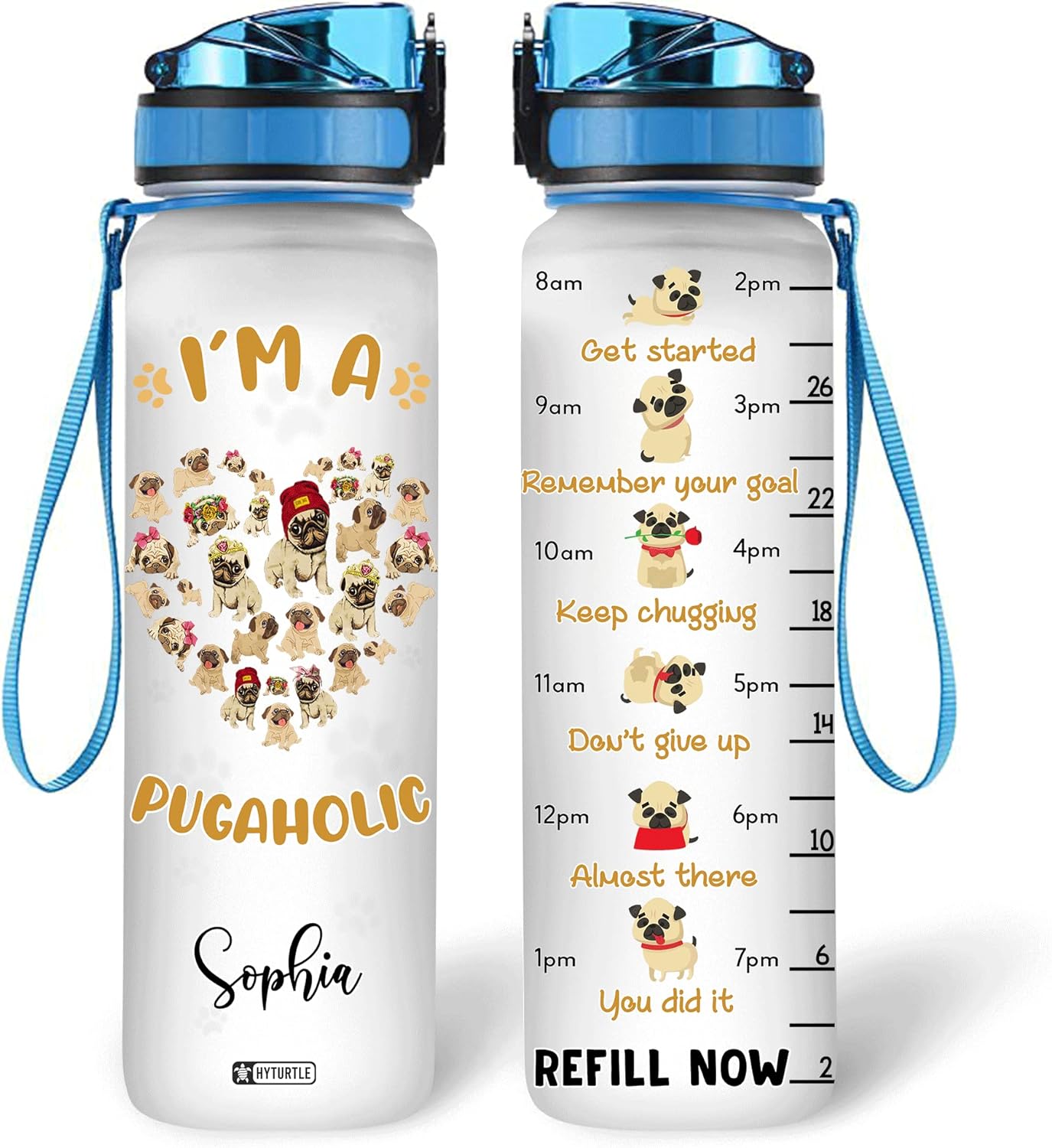 Pug Lover Water Bottle Tracker 32oz Personalized – Cute Motivational Dog Tumbler with Time Marker – Fun Gift for Pet Owners