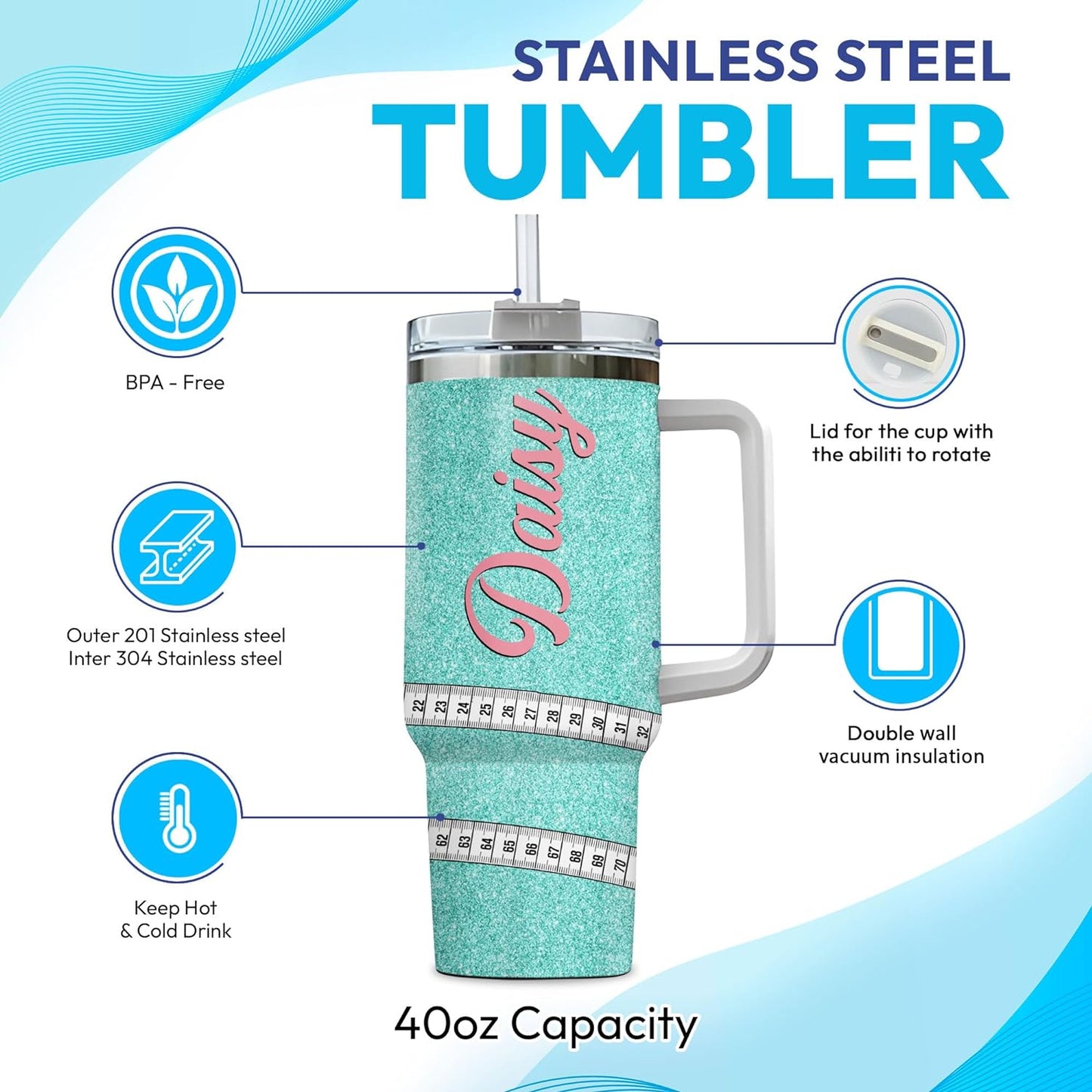 Teal Glitter Sewing Tumbler 40oz with Handle & Straw – Personalized Stainless Steel Insulated Travel Cup with Lid – Stylish Gift for Quilters & Crafters