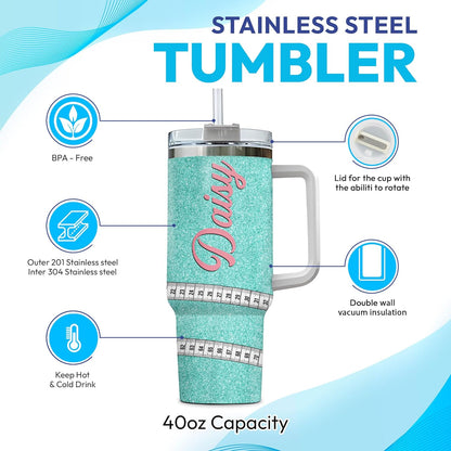 Teal Glitter Sewing Tumbler 40oz with Handle & Straw – Personalized Stainless Steel Insulated Travel Cup with Lid – Stylish Gift for Quilters & Crafters