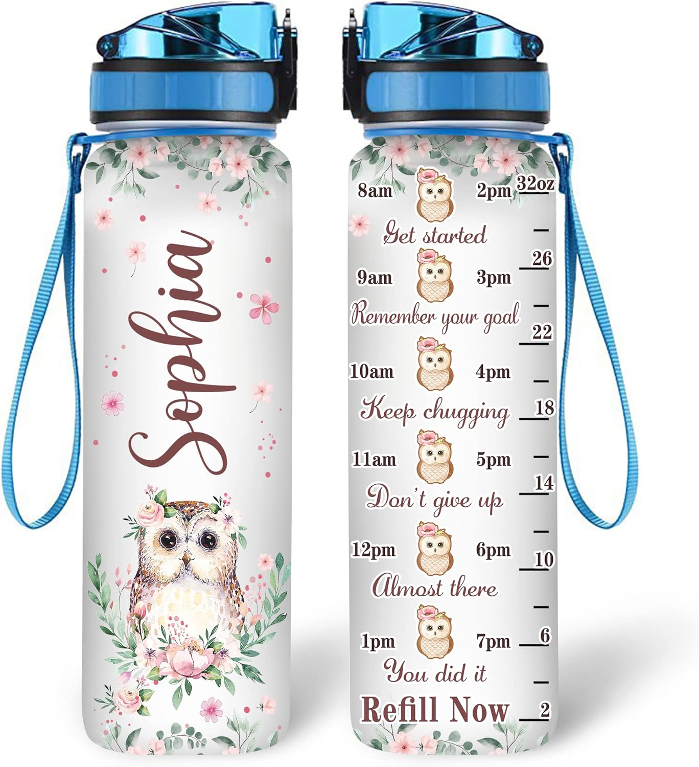 Floral Owl Water Bottle Tracker 32oz – Personalized Motivational Water Bottle with Time Marker & Strap – Stylish Gift for Owl Lovers