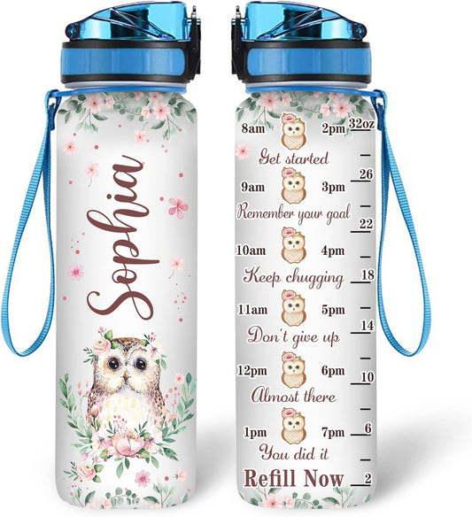Floral Owl Water Bottle Tracker 32oz – Personalized Motivational Water Bottle with Time Marker & Strap – Stylish Gift for Owl Lovers
