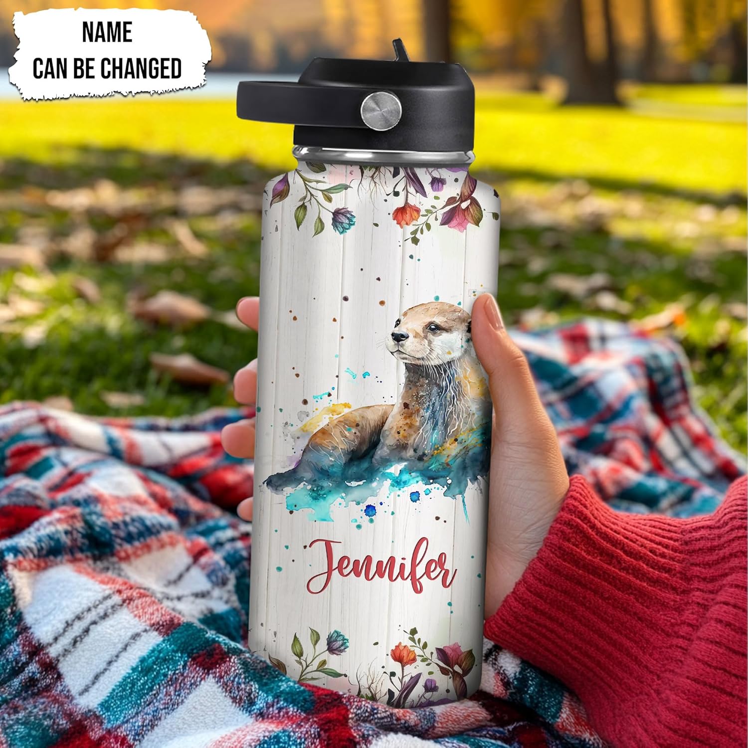 Watercolor Otter Water Bottle 32oz – Personalized Stainless Steel Insulated Bottle with Leak-Proof Lid – Cute Gift for Otter Lovers
