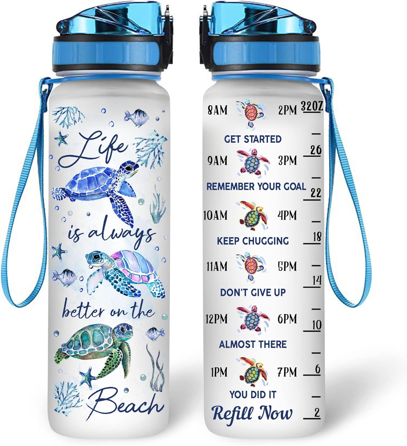 Sea Turtle Beach Water Bottle Tracker 32oz – Personalized BPA-Free Motivational Bottle with Time Marker – Ocean Lover Gift for Women & Girls