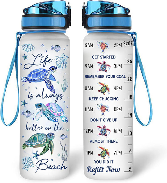 Sea Turtle Beach Water Bottle Tracker 32oz – Personalized BPA-Free Motivational Bottle with Time Marker – Ocean Lover Gift for Women & Girls