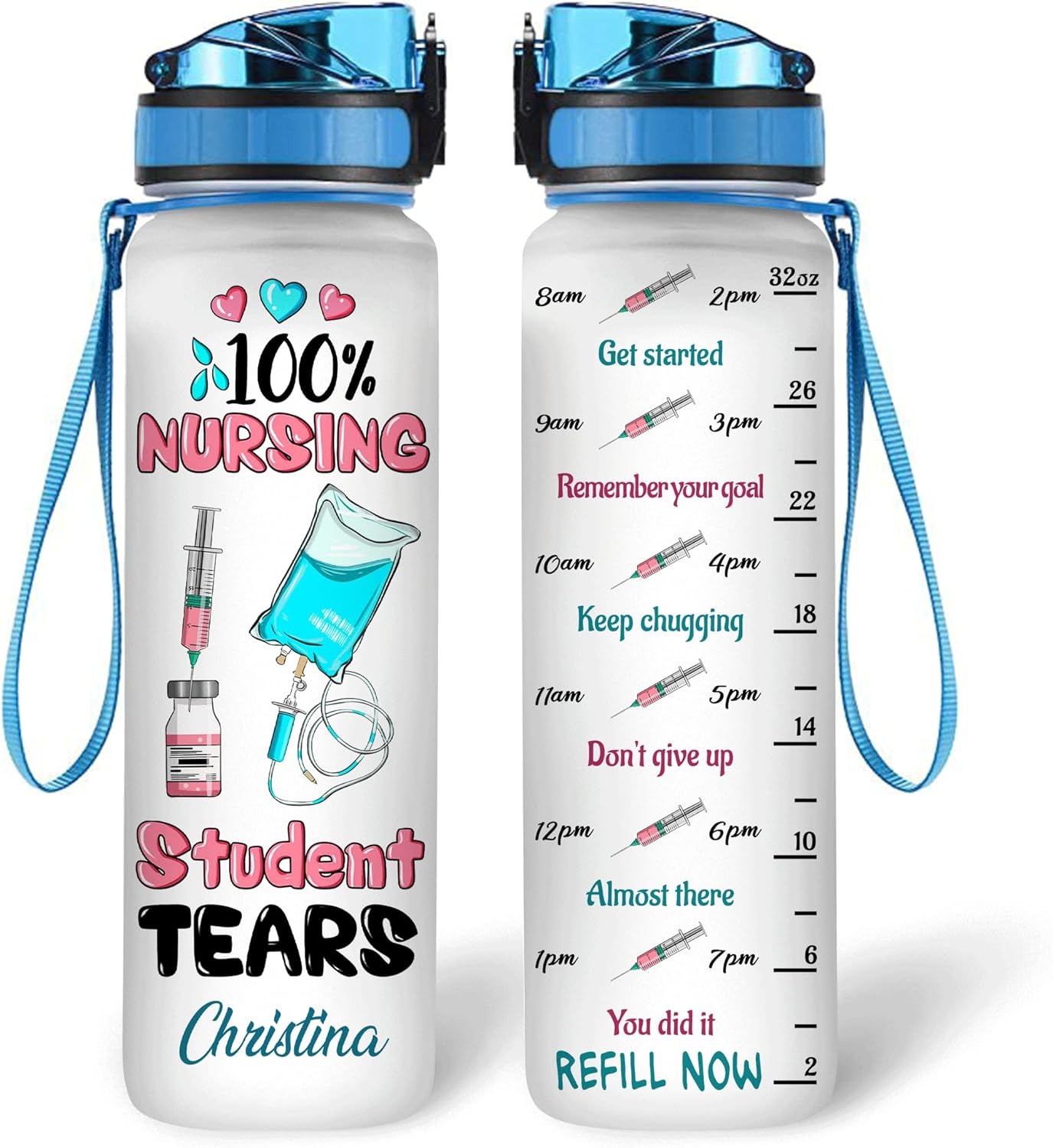 Nursing Student Tears Water Bottle Tracker 32oz – Personalized Daily Bottle with Time Marker – Funny Gift for Nurses and Students