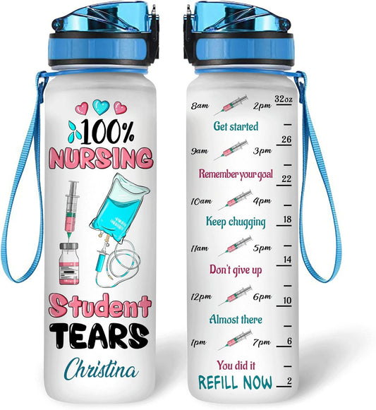 Nursing Student Tears Water Bottle Tracker 32oz – Personalized Daily Bottle with Time Marker – Funny Gift for Nurses and Students