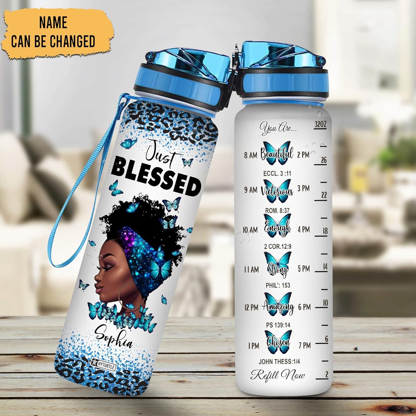 Just Blessed Black Queen Water Bottle Tracker 32oz – Personalized Motivational Bottle with Time Marker – Empowering Gift for Women of Faith