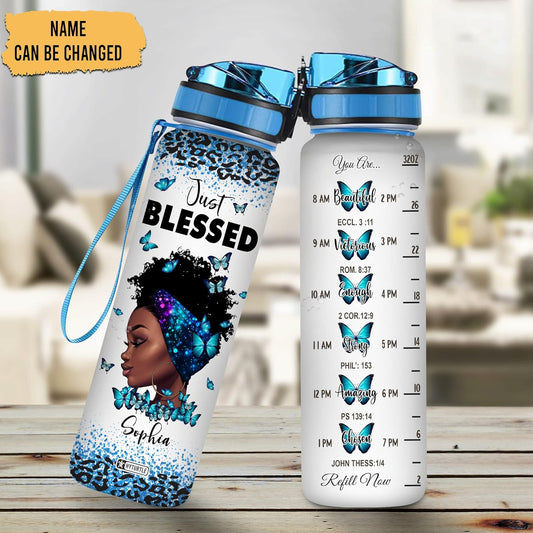 Just Blessed Black Queen Water Bottle Tracker 32oz – Personalized Motivational Bottle with Time Marker – Empowering Gift for Women of Faith