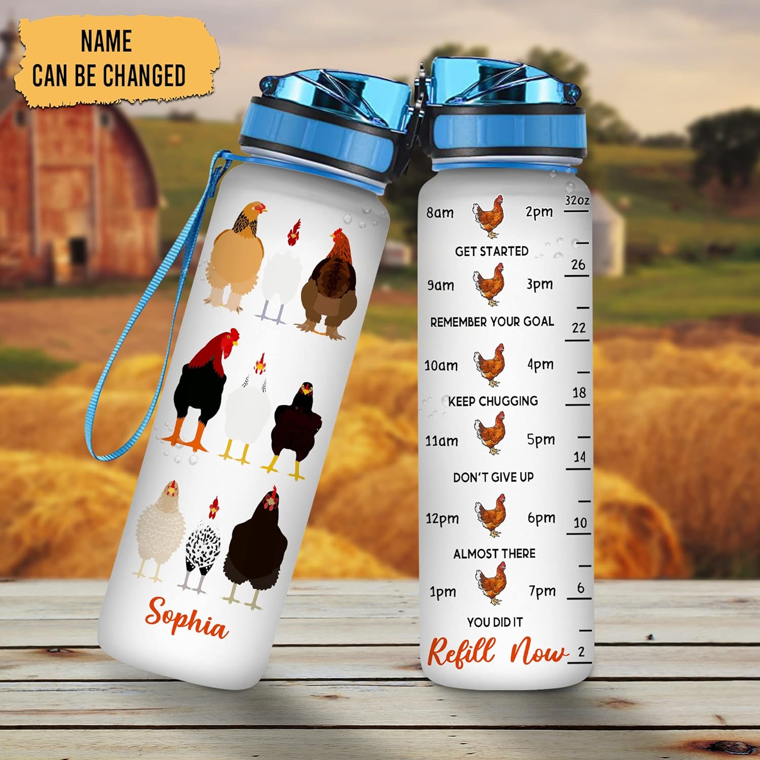 Chicken Theme - Personalized Water Tracker Bottle 32oz