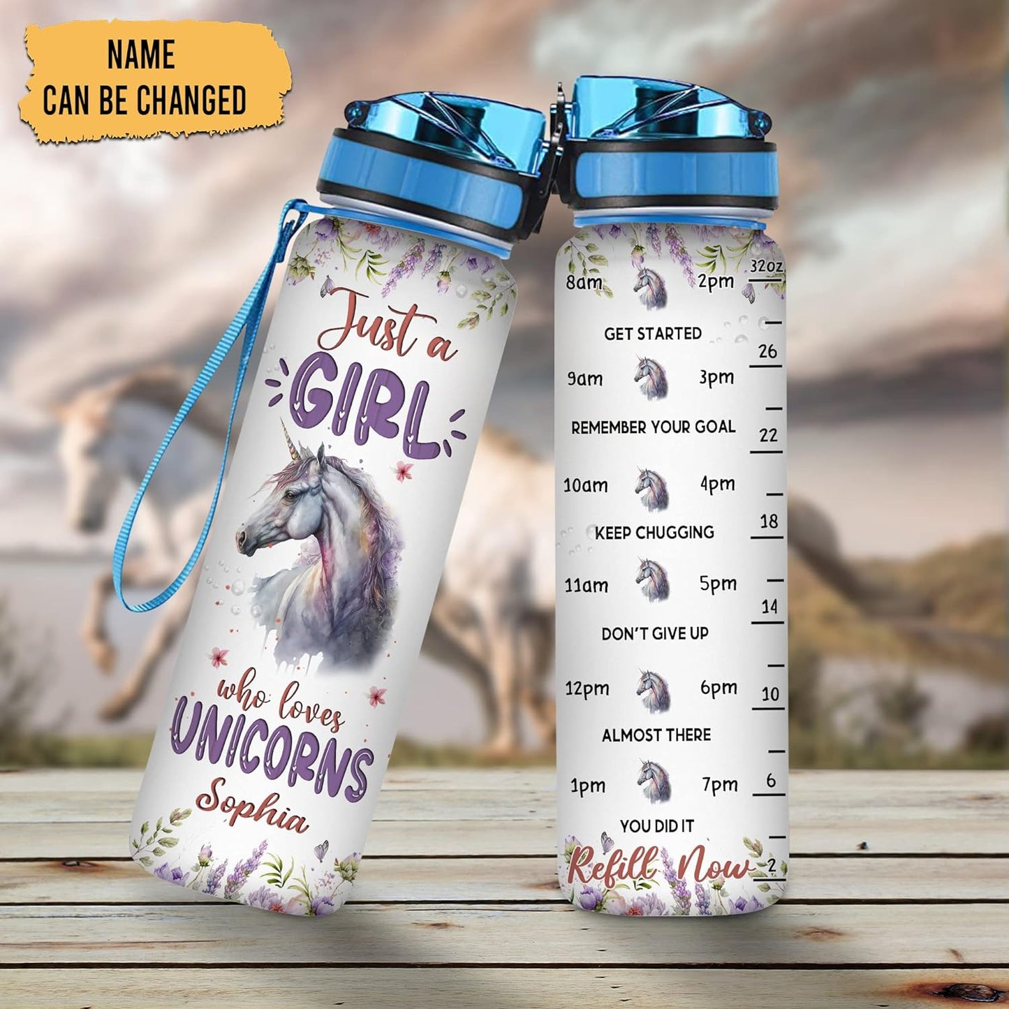 Unicorn Lovers Water Bottle Tracker 32oz – Personalized Motivational Bottle with Time Marker – Unique Gift for Girls & Fantasy Fans