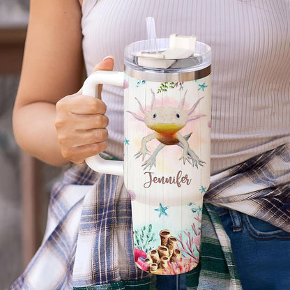 Axolotl Lover Tumbler 40oz – Personalized Stainless Steel Insulated Cup with Handle & Straw, Cute Watercolor Marine Design – Fun Gift for Women & Girls
