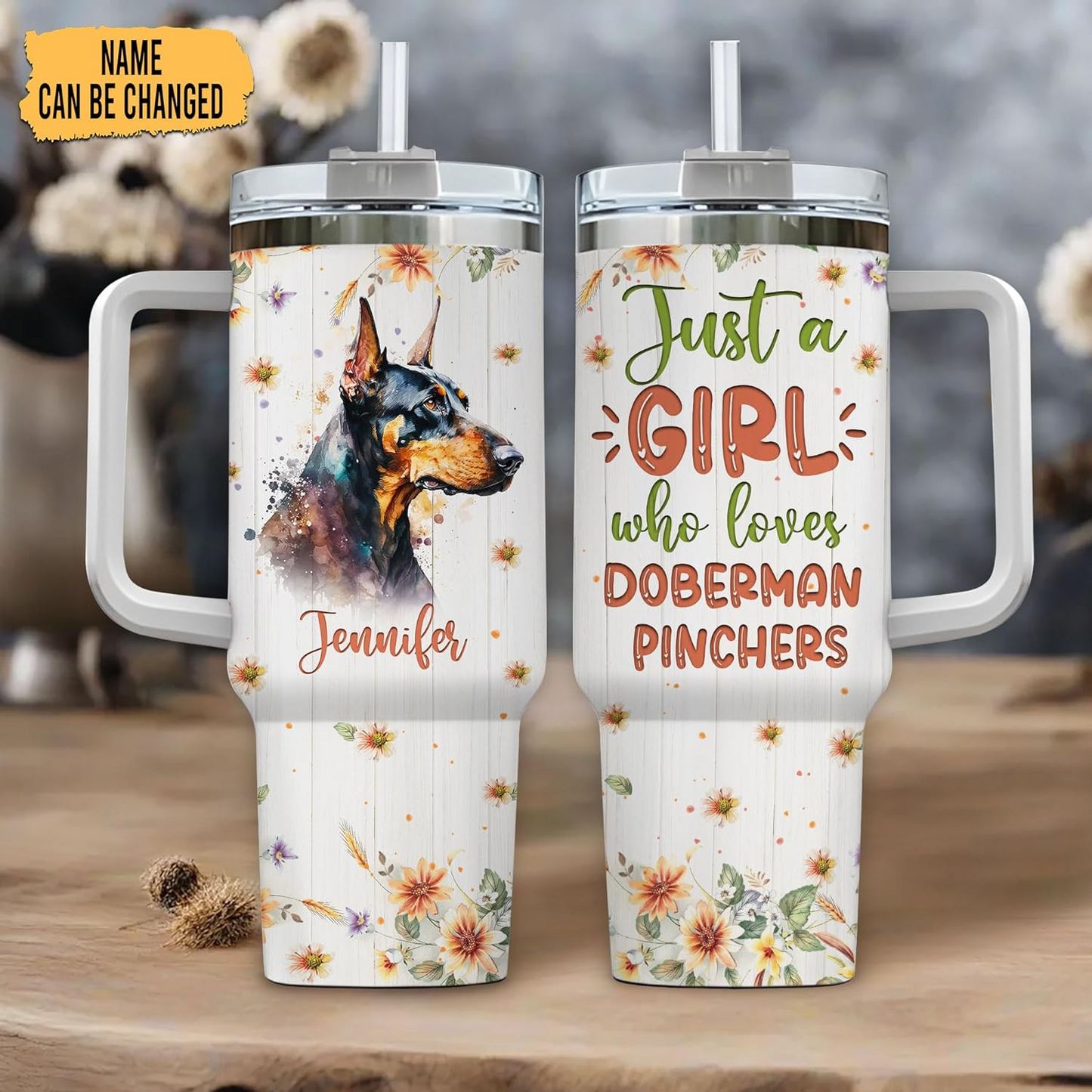 Doberman Lover Tumbler 40oz with Handle & Straw – Personalized Stainless Steel Travel Cup with Lid – Stylish Gift for Dog Enthusiasts
