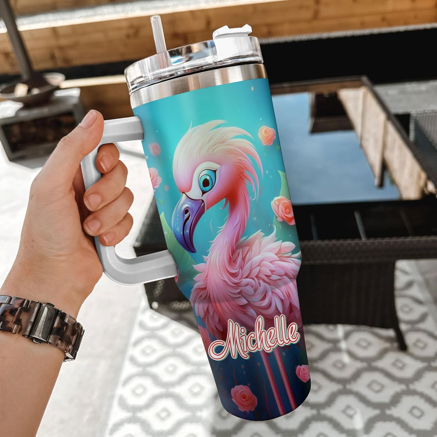 Flamingo Lover Tumbler 40oz with Handle & Straw – Personalized Stainless Steel Insulated Cup with Lid – Stylish Birthday Gift for Animal Lovers
