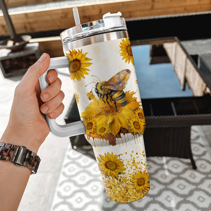 Sunflower Bee Tumbler 40oz with Handle & Straw – Personalized Stainless Steel Insulated Travel Cup with Lid – Unique Gift for Bee Lovers