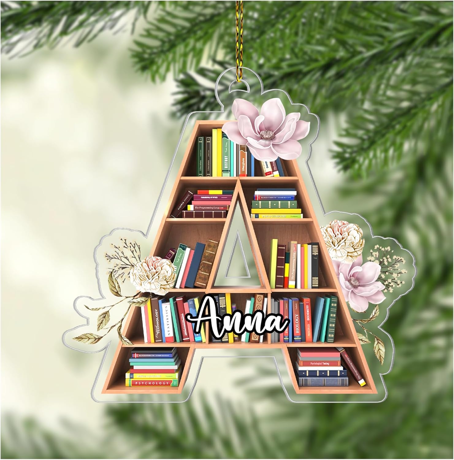 Letter-Initial Bookshelf Cut Acrylic Ornament – Personalized Library Gift for Book Lover or Teacher, Bookish Christmas Tree Decor with Custom Name