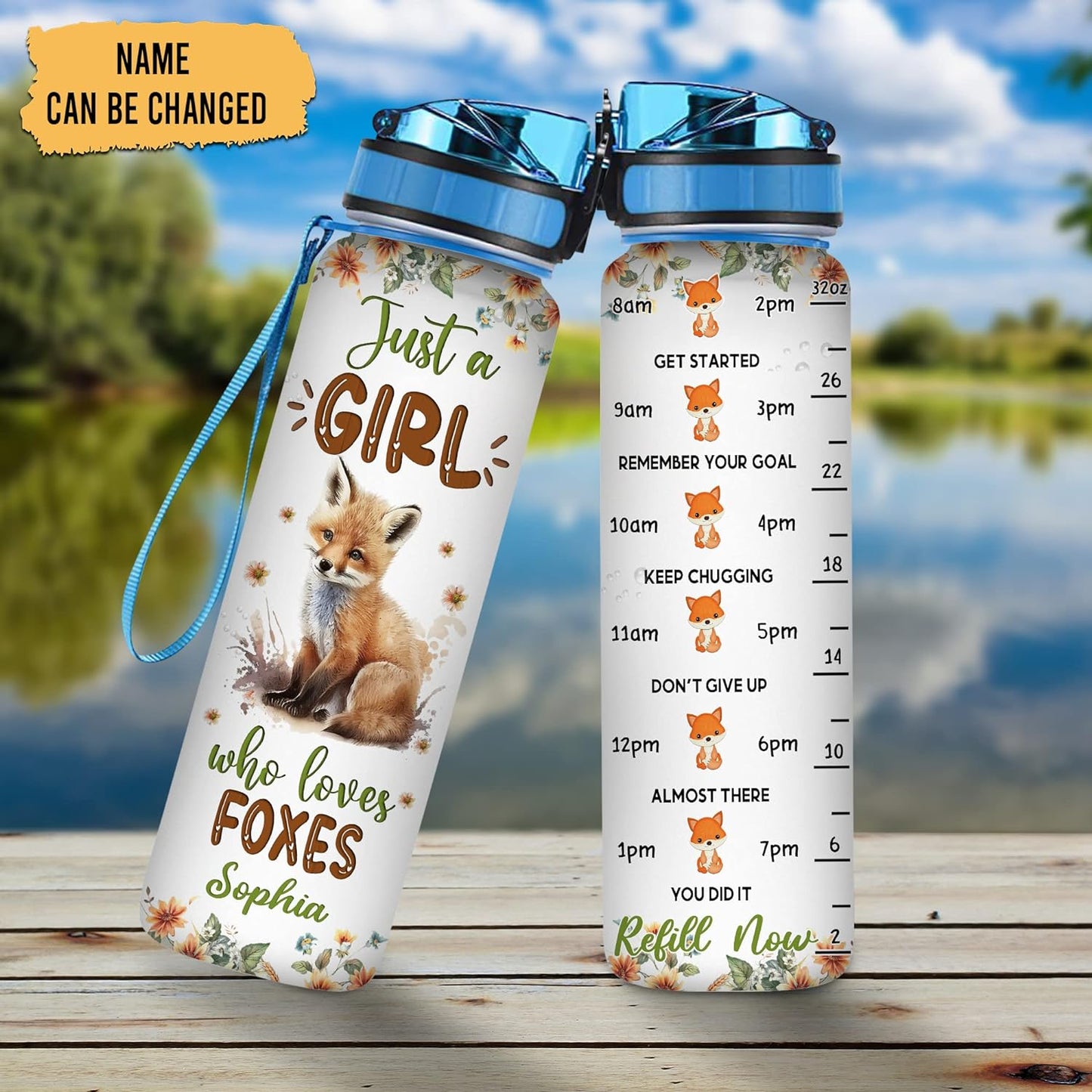 Fox Cub Lovers Water Bottle Tracker 32oz – Personalized Motivational Bottle with Time Marker – Unique Gift for Girls and Women