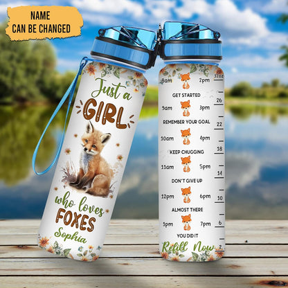 Fox Cub Lovers Water Bottle Tracker 32oz – Personalized Motivational Bottle with Time Marker – Unique Gift for Girls and Women