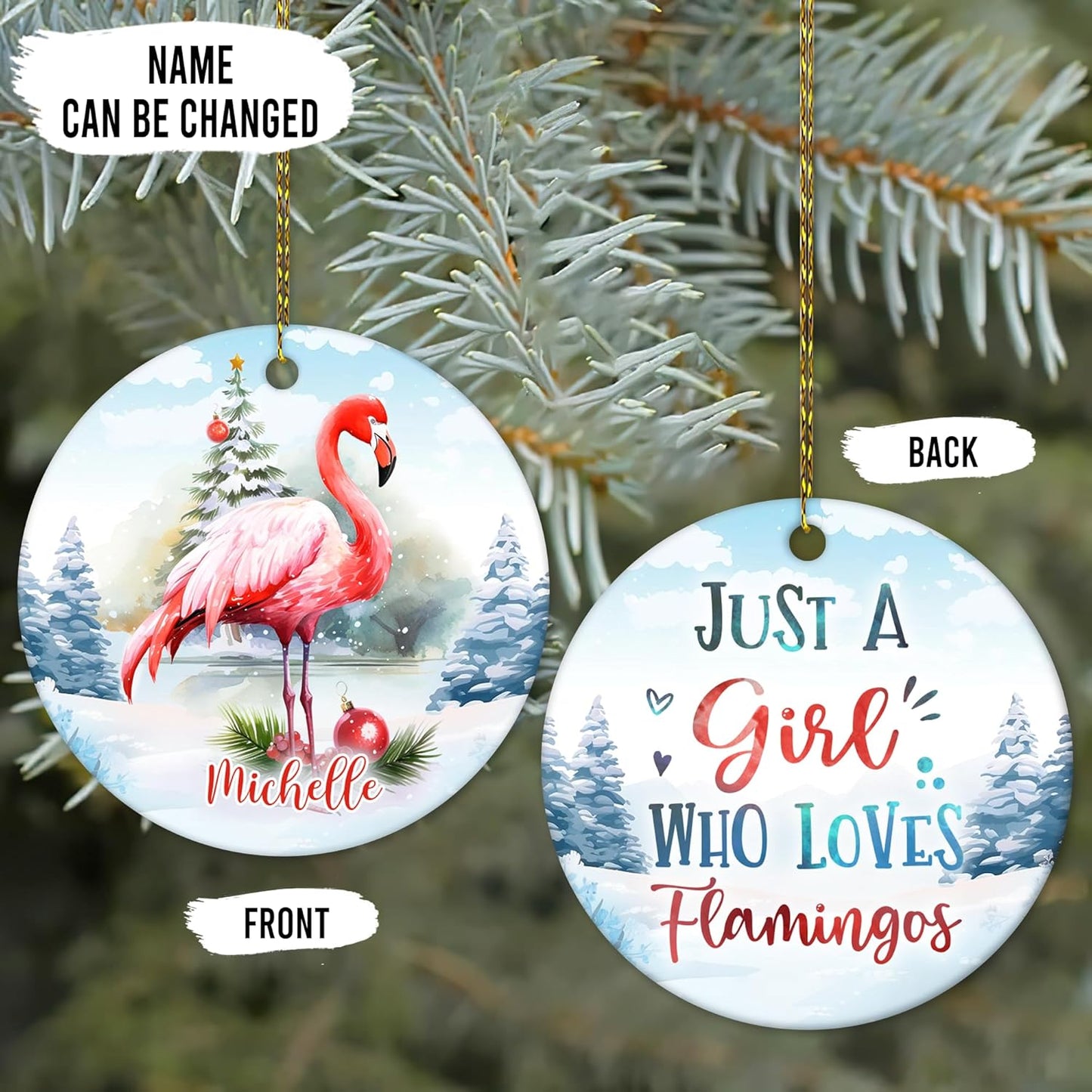 Flamingo Winter Scene Ceramic Circle Ornament – Personalized Christmas Gift for Flamingo Lover, Tropical-Chic Tree Decor Keepsake for Her