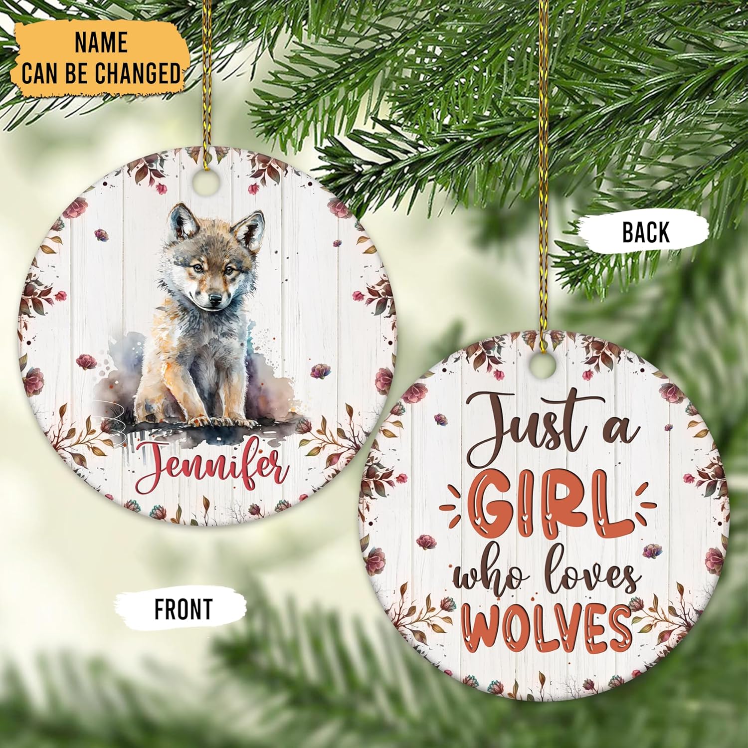 Wolf Ceramic Ornament  Personalized Wild Animal Holiday Decoration  Christmas Gift Keepsake for Nature Lovers