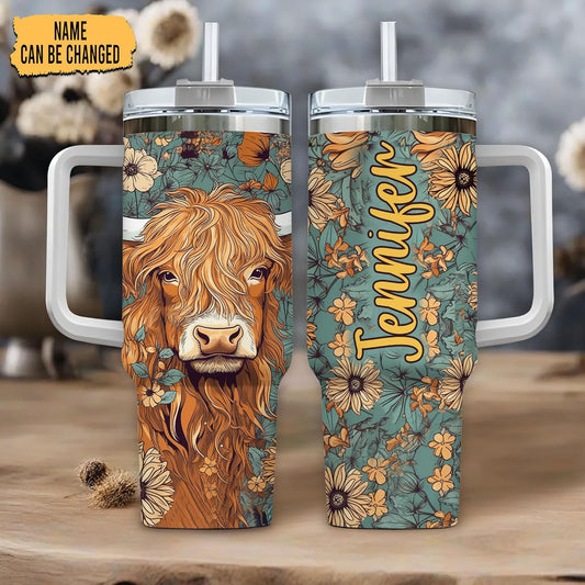 Floral Highland Cow Tumbler 40oz with Handle & Straw – Personalized Stainless Steel Travel Cup with Lid – Stylish Gift for Cow Lovers