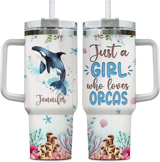Orca Lover Tumbler 40oz – Personalized Stainless Steel Travel Cup with Handle & Straw, Marine Watercolor Design – Creative Gift for Women & Girls