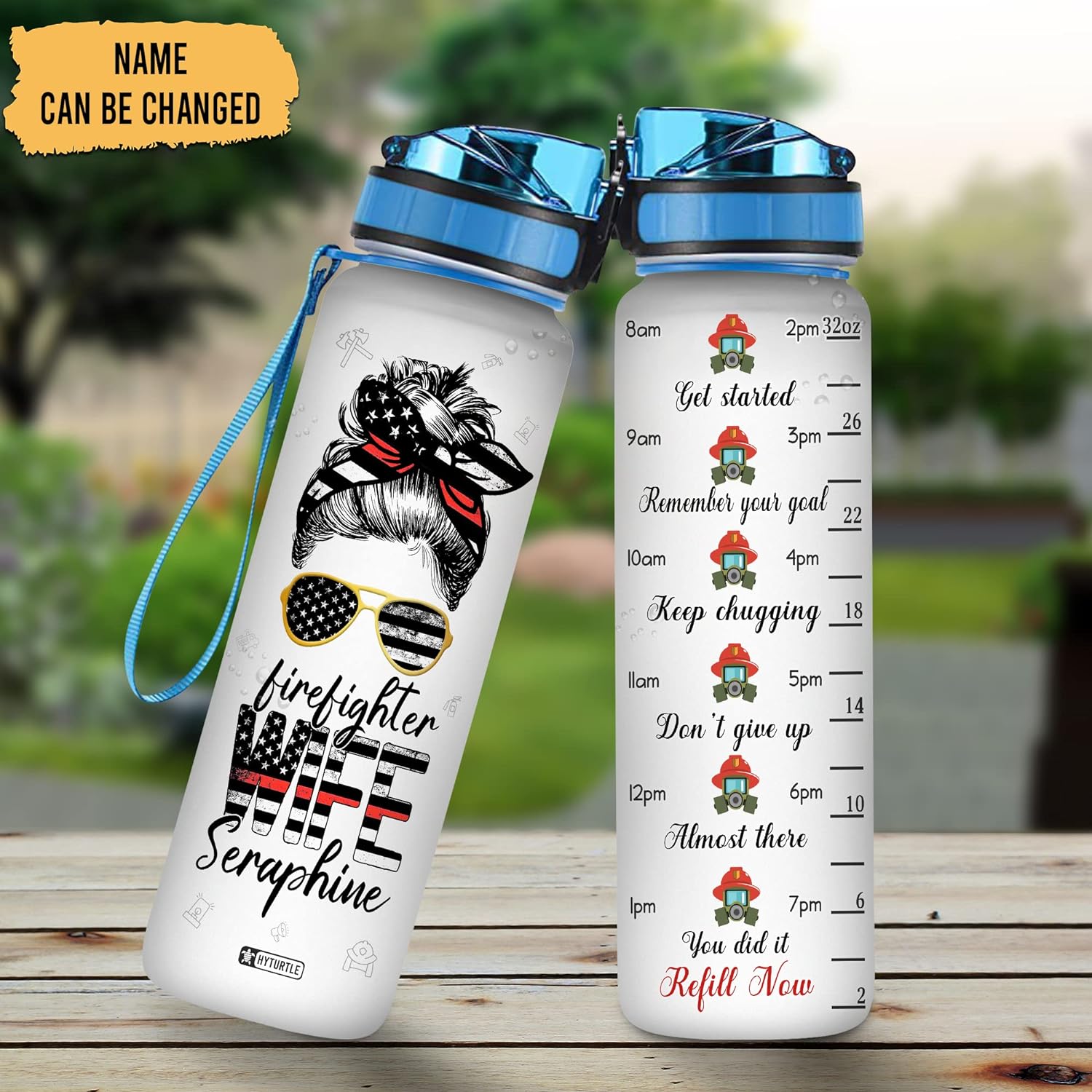 Firefighter Wife USA Flag - Personalized Water Tracker Bottle 32oz