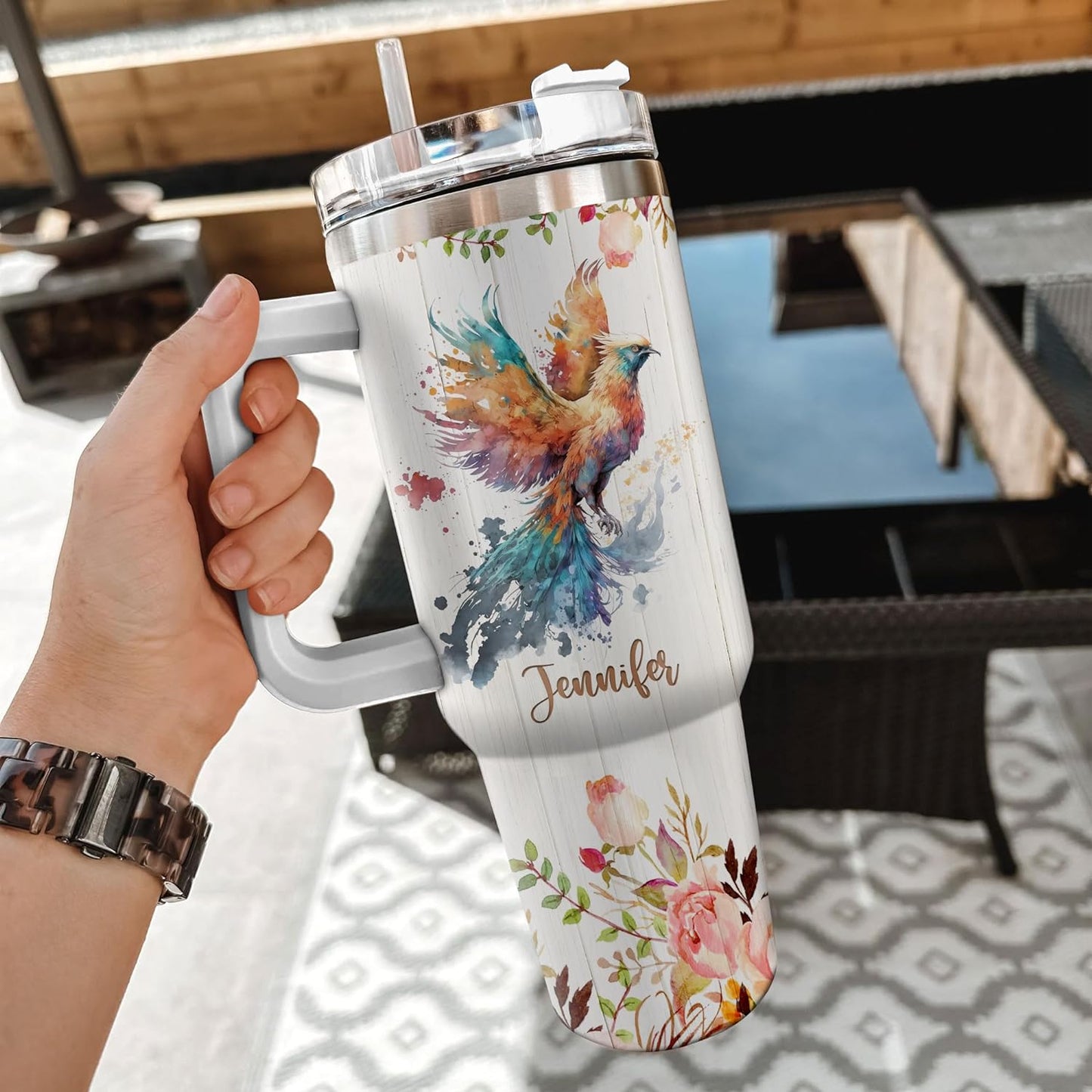 Phoenix Tumbler 40oz – Personalized Stainless Steel Insulated Cup with Handle & Straw – Mythical Bird Travel Mug Gift for Women