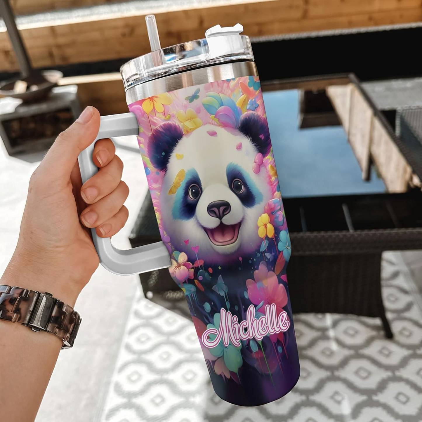Panda Lover Tumbler 40oz with Handle & Straw – Personalized Stainless Steel Insulated Cup with Lid – Cute Birthday & Christmas Gift for Women & Girls