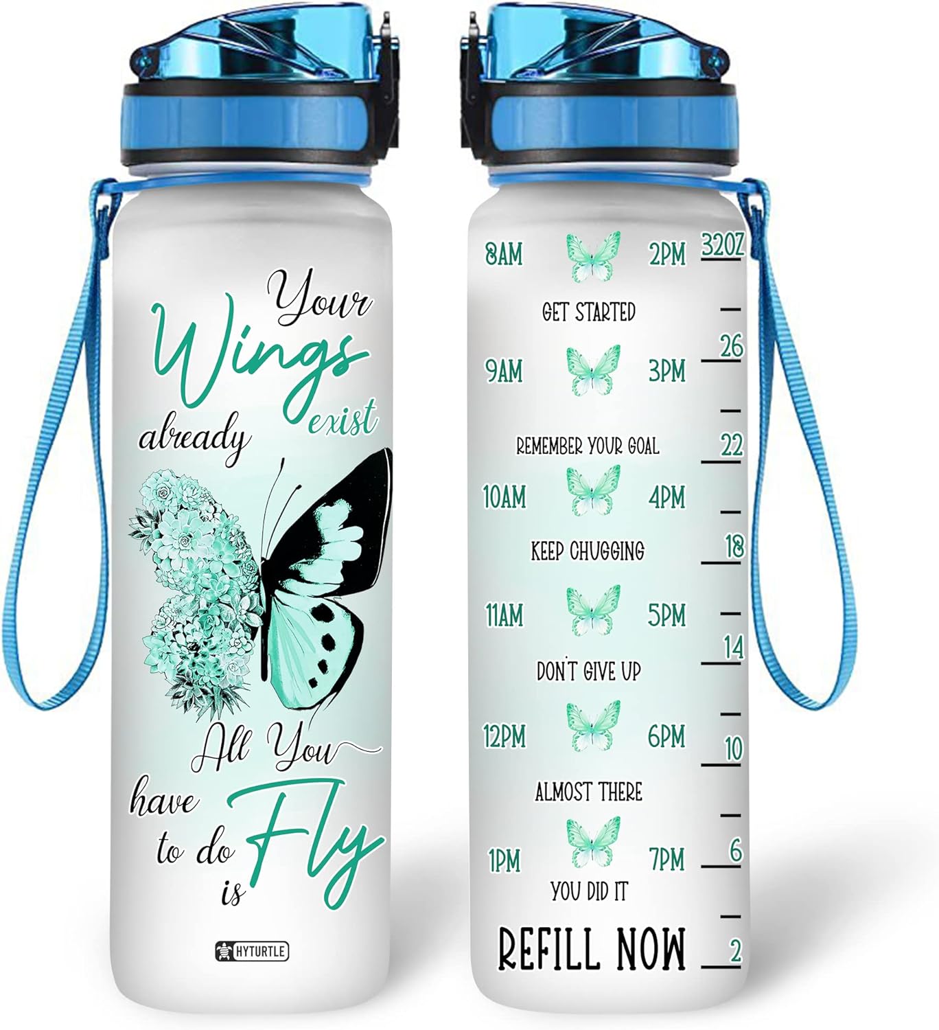 Butterfly Inspiration Water Bottle Tracker 32oz – Personalized Motivational Bottle with Time Marker – Unique Gift for Women