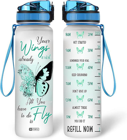 Butterfly Inspiration Water Bottle Tracker 32oz – Personalized Motivational Bottle with Time Marker – Unique Gift for Women