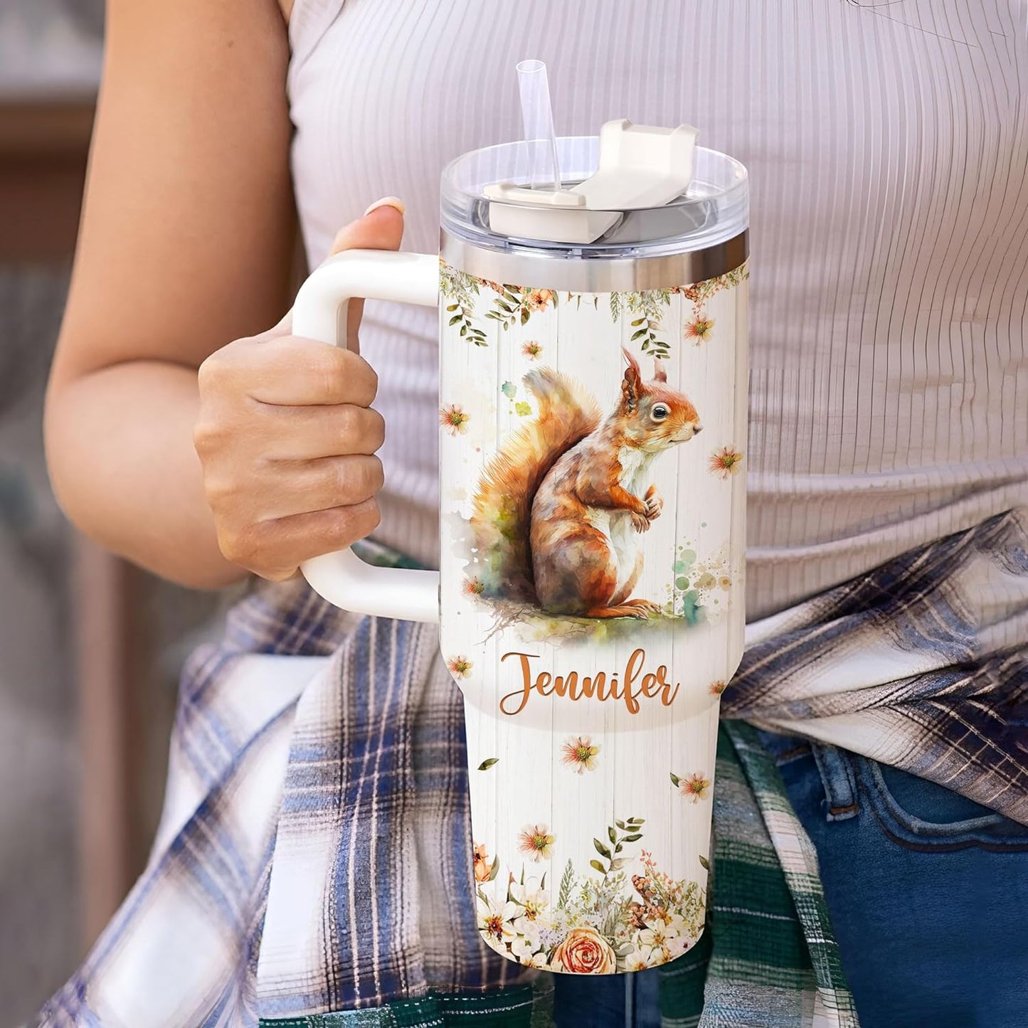 Squirrel Woodland Tumbler 40oz – Personalized Stainless Steel Insulated Cup with Handle & Straw – Cute Gift for Squirrel Lovers