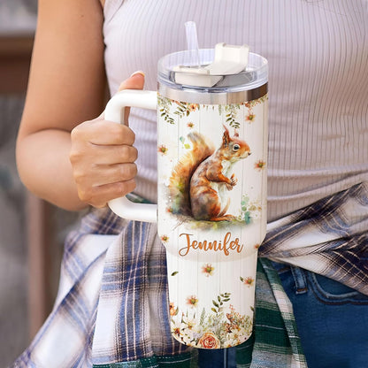 Squirrel Woodland Tumbler 40oz – Personalized Stainless Steel Insulated Cup with Handle & Straw – Cute Gift for Squirrel Lovers