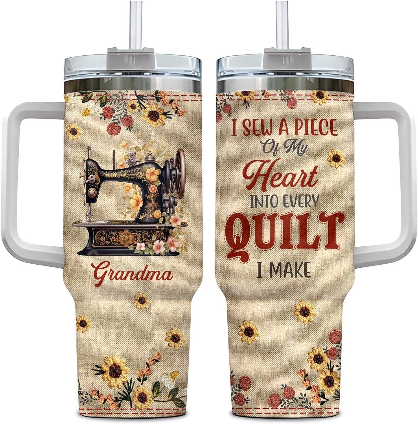 Quilting & Sewing Tumbler 40oz with Handle & Straw – Personalized Stainless Steel Insulated Travel Cup with Lid – Creative Gift for Quilters & Sewing Lovers