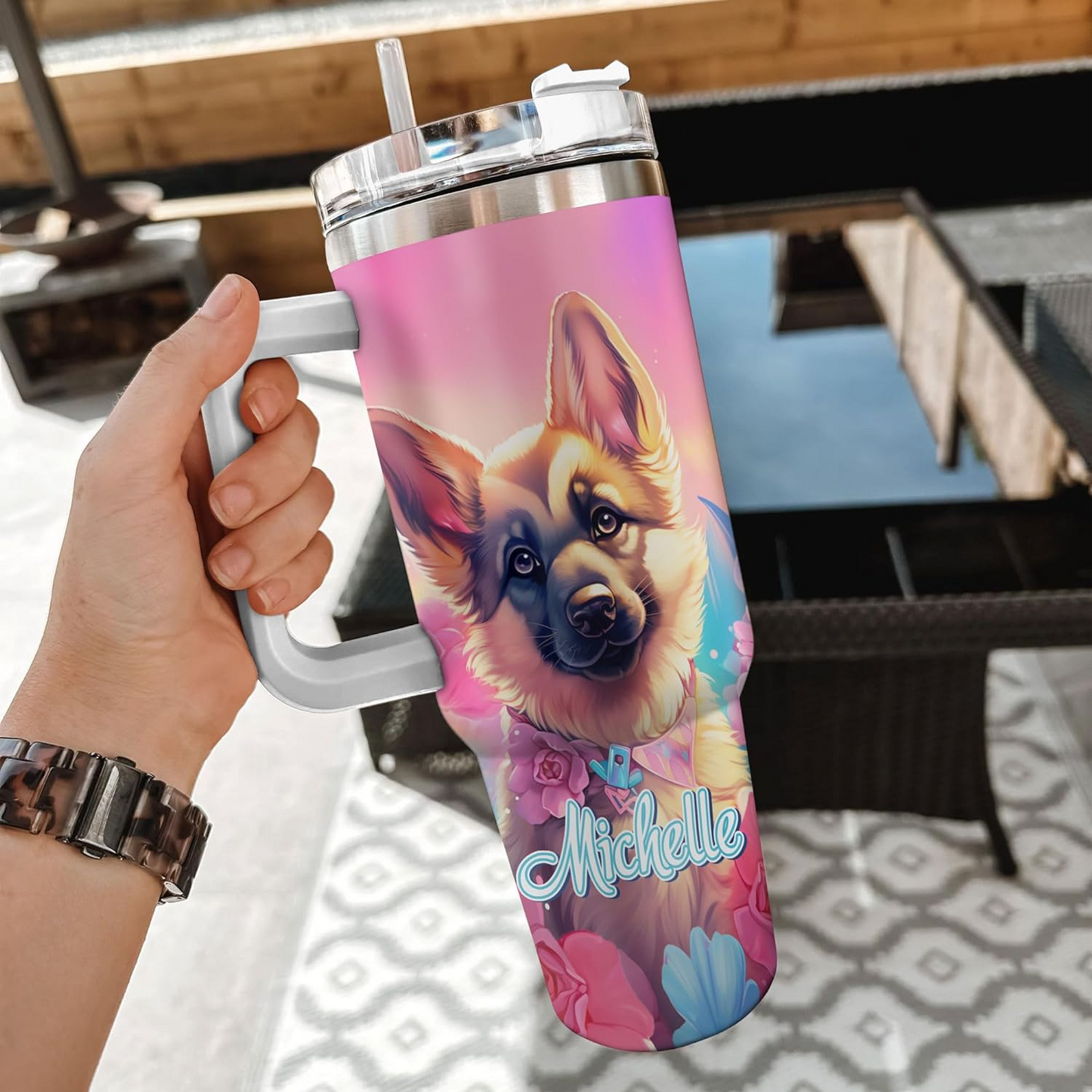 German Shepherd Spirit Animal Tumbler 40oz – Personalized Stainless Steel Insulated Cup with Handle & Straw – Unique Gift for Dog Lovers