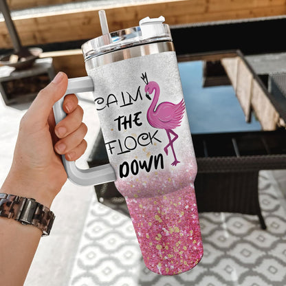Flamingo Glitter Tumbler 40oz with Handle & Straw – Personalized Stainless Steel Insulated Cup with Lid – Fun Gift for Flamingo Lovers