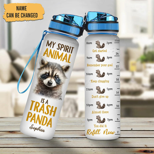 Raccoon Water Bottle Tracker 32oz Personalized – My Spirit Animal Trash Panda Hydration Bottle with Time Marker – Funny Gift for Raccoon Fans