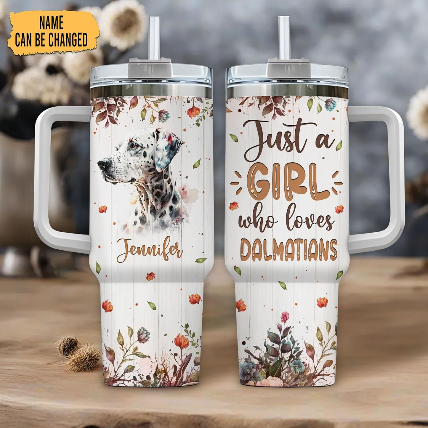 Dalmatian Dog Lover Tumbler 40oz – Personalized Stainless Steel Travel Cup with Handle & Straw, Watercolor Floral Design – Stylish Gift for Women & Girls