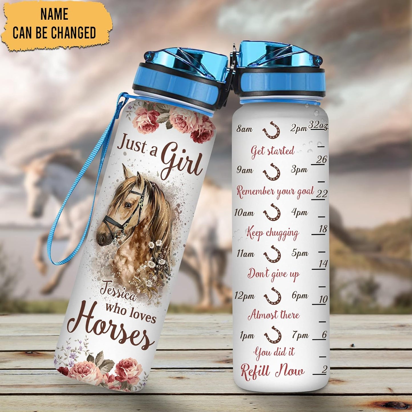 Horse Lover Water Bottle Tracker 32oz – Personalized Birthday Gift for Women & Girls Who Love Horses