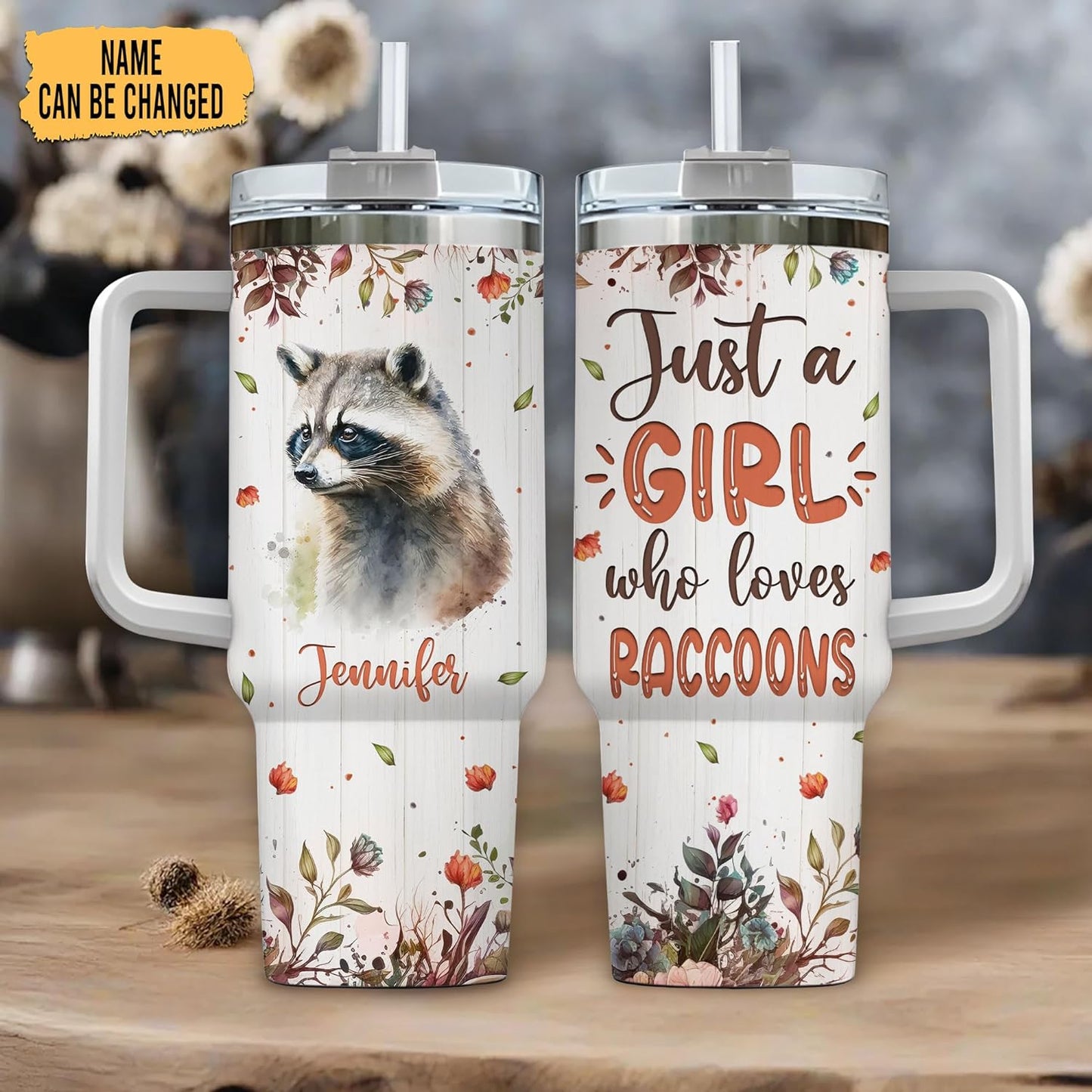Raccoon Lover Tumbler 40oz with Handle & Straw – Personalized Stainless Steel Insulated Cup with Lid – Fun Gift for Nature Lovers